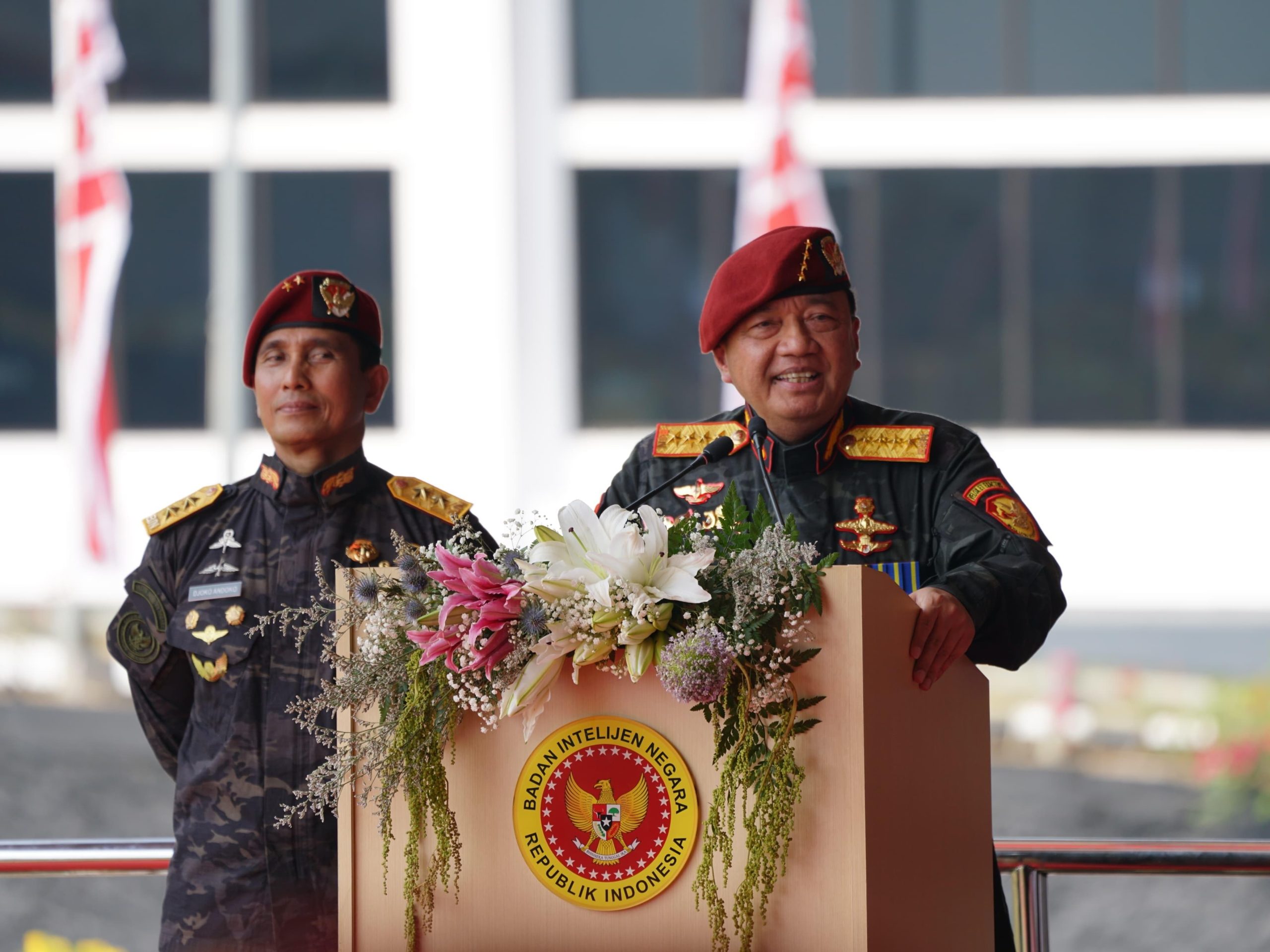 Kepala BIN Jenderal Polisi (Purn) Prof. Dr. Budi Gunawan, S.H., M.Si., Ph.D., saat pidatonya dalam upacara Prasetia Perwira Intelijen Negara di Sekolah Tinggi Intelijen Negara (STIN), Sentul Jawa Barat (Jabar), pada Rabu 31/7/2024