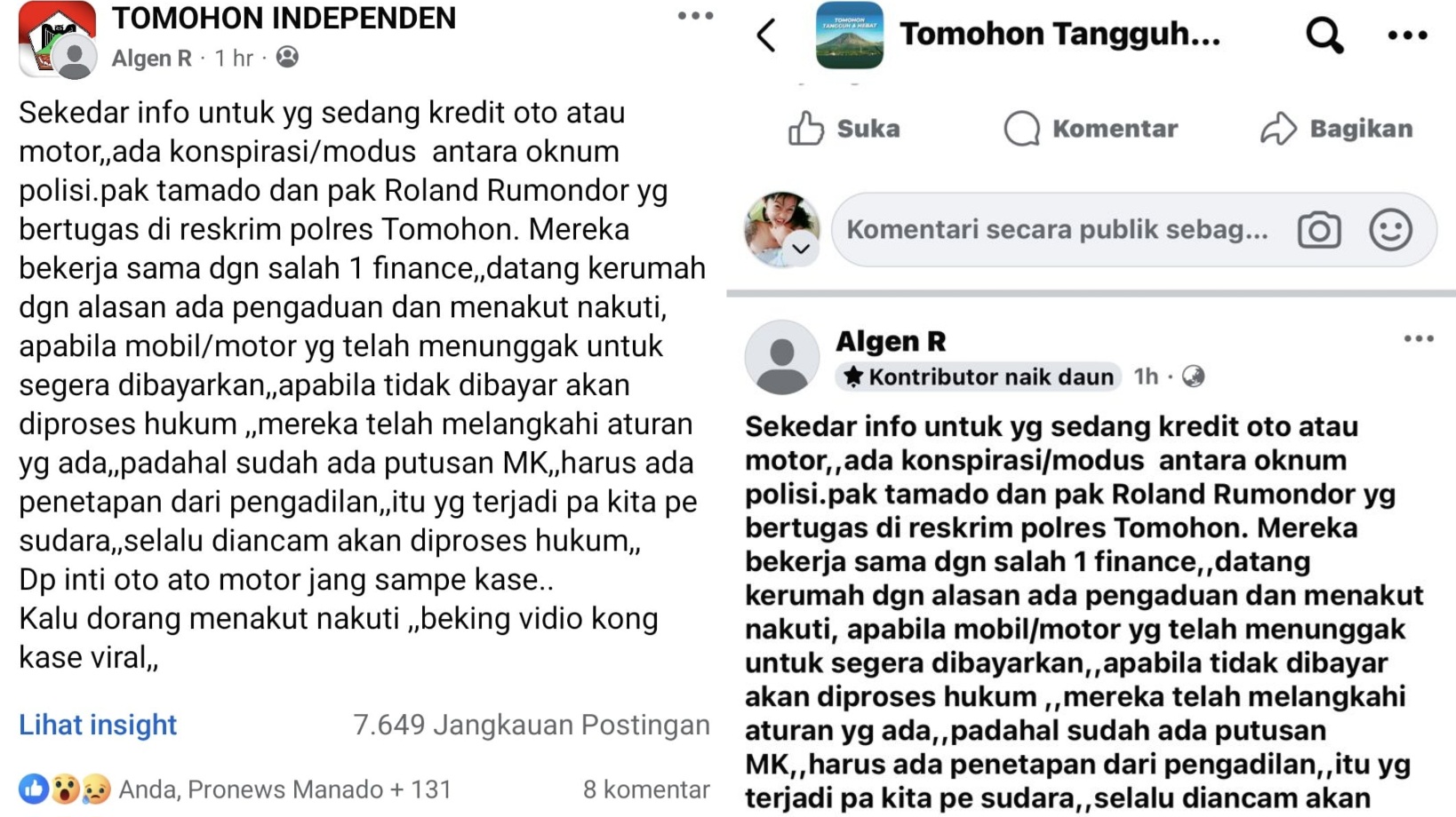 Nama Kanit Reskrim Dicatut! Akun Facebook Bodong Serang Reskrim Polres Tomohon, Tuduh Intimidasi Warga