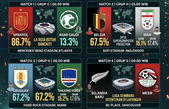 Opta Jagokan Spanyol dan Belgia, Matchday Kedua Grup G-H Piala Dunia 2026 Memanas
