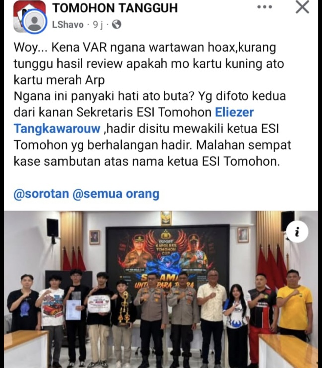 Sebarkan Postingan “Wartawan Hoax”, Akun Facebook Elsavo Siap Dilaporkan ke Polres Tomohon