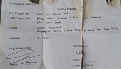 Tanda terima PTSP Kejari Bitung atas laporan masyarakat terkait dugaan korupsi pada sejumlah pekerjaan di Dinas PUPR Kota Bitung yang disampaikan pada 24 Februari 2026.